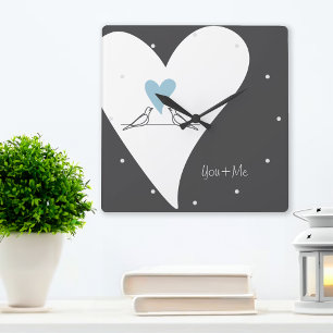 Horloge Carrée Oiseaux d'amour personnalisés simple cœur bleu cla