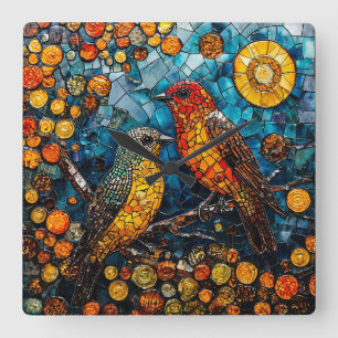 Horloge Carrée Oiseaux en mosaïque mignons