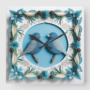 Horloge Carrée Oiseaux Geai Bleu en Papier Artisanal