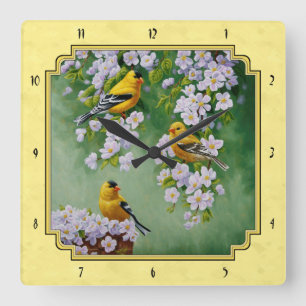 Horloge Carrée Oiseaux Goldfinch et fleurs de pomme Jaune