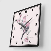 Horloge Carrée Oiseaux roses et noirs sur une branche d'arbre (Angle)