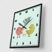 Horloge Carrée Oiseaux Whimsical Colorés (Angle)