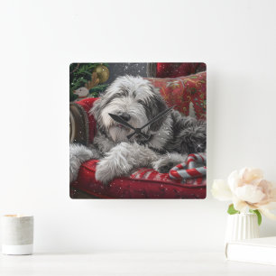 Horloge Carrée Old English Sheepdog Festive de Noël