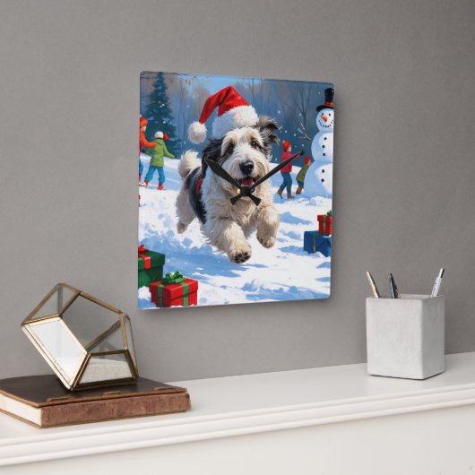 Horloge Carrée Old English Sheepdog Running in Snow Christmas Cas (Bureau)