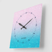 Horloge Carrée Ombre Parties scintillant rose et turquoise (Angle)