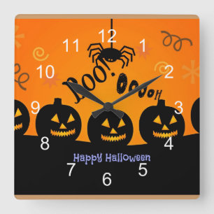 Horloge Carrée Oooh ! Joyeux Halloween en orange et noir
