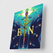 Horloge Carrée OR CADUCUS SYMBOLE INFIRMIER ENREGISTRÉ, Bleu Turq (Angle)