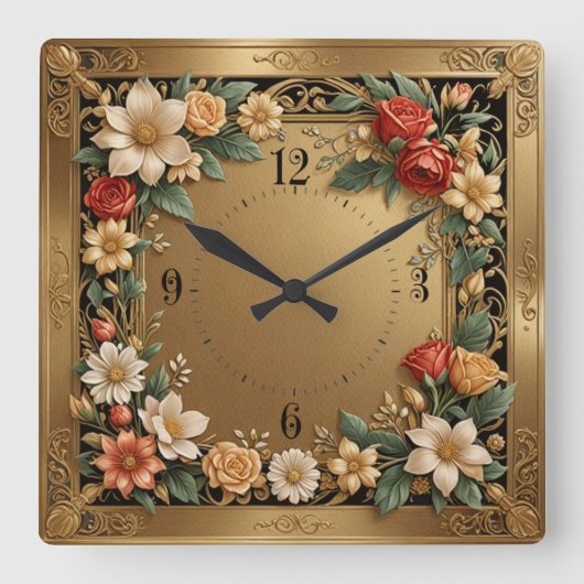 Horloge Carrée Or floral (Recto)