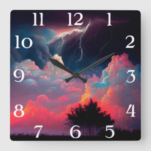 Horloge Carrée Orage de foudre coloré