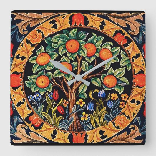 HORLOGE CARRÉE ORANGE ARBRE AUX FEUILLES VERTS, FLEURS (Recto)
