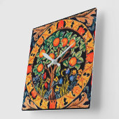 HORLOGE CARRÉE ORANGE ARBRE AUX FEUILLES VERTS, FLEURS (Angle)