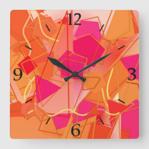 Horloge Carrée Orange et rose chaud, abstrait inspiré de Kadinsky