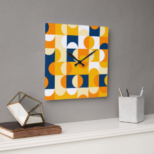 Horloge Carrée Orange Jaune foncé Marine Bleu Motif d'art rétro