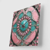 Horloge Carrée Ornate Tourmaline & Turquoise Art in Silver (Angle)