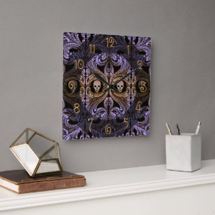 Horloge Carrée Ornement et crâne violet Goth