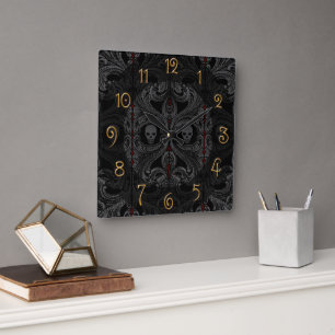 Horloge Carrée Ornement Goth Grey avec crâne