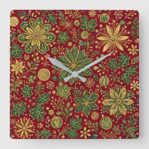 Horloge Carrée Ornementation de Noël botanique vert or vintage