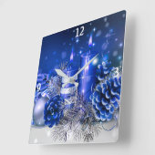 Horloge Carrée Ornements de Noël bleus et bougies (Angle)