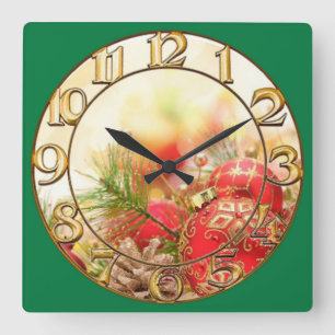 Horloge Carrée Ornements de Noël en verre rouge et or