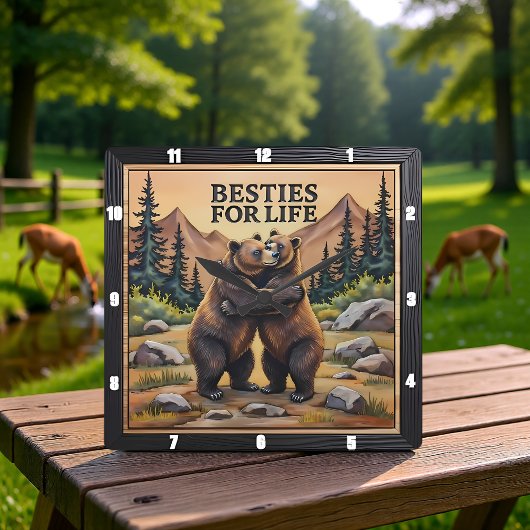 Horloge Carrée Ours Bruns S'embrassant Prairie