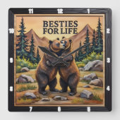 Horloge Carrée Ours Bruns S'embrassant Prairie (Recto)