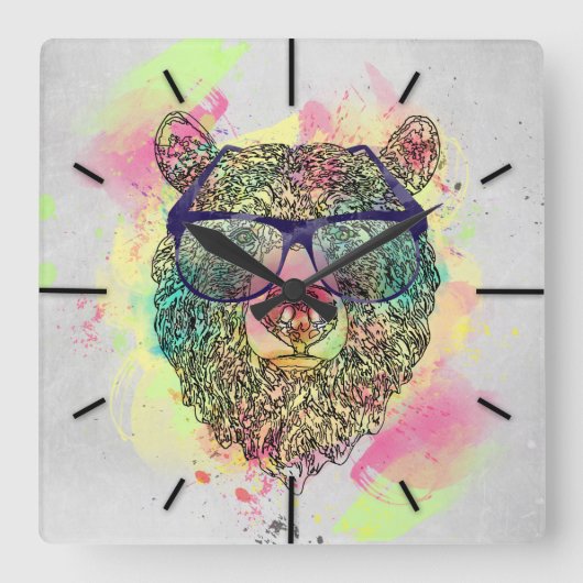Horloge Carrée Ours d'aquarelle cool avec lunettes design (Recto)
