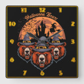 Horloge Carrée Ours d'Halloween avec sorcière et château (Recto)