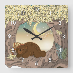 Horloge Carrée Ours dormant dans les bois sous la lune