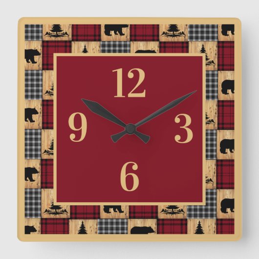 Horloge Carrée Ours en carreaux de Buffalo rustiques Arbres Bois (Recto)