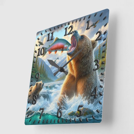 Horloge Carrée Ours grizzlis avec saumon à truite arc-en-ciel (Angle)