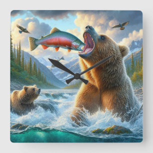 Horloge Carrée Ours grizzlis avec saumon truite arc-en-ciel sauta