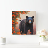 Horloge Carrée Ours noir en fleurs orange (Maison)