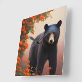 Horloge Carrée Ours noir en fleurs orange (Angle)