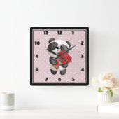 Horloge Carrée Ours Panda mignon avec Bouquet Rose (Maison)