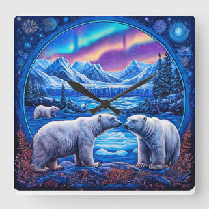Horloge Carrée Ours Polaires Art Mural Faune Hivernale