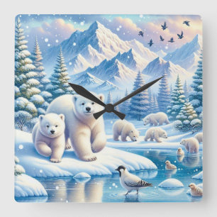 Horloge Carrée Ours polaires et peinture hivernale neige