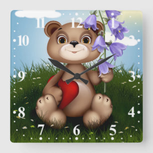 Horloge Carrée Ours tenant un bouquet de fleurs-30926