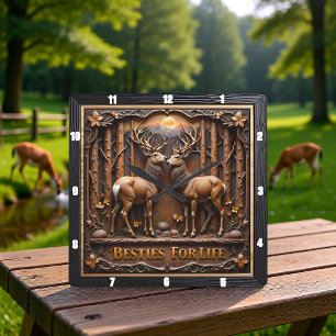 Horloge Carrée Paire de cerfs majestueux forêt gravée