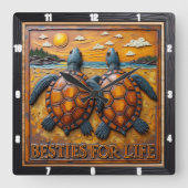 Horloge Carrée Paire de tortues gravées Blue Shore (Recto)