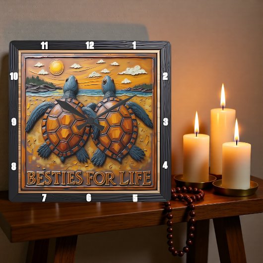 Horloge Carrée Paire de tortues gravées Blue Shore
