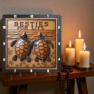 Horloge Carrée Paire de tortues gravées Fleur de sable