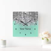 Horloge Carrée Pale mint green faux glitter personalized (Maison)