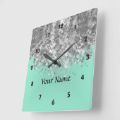Horloge Carrée Pale mint green faux glitter personalized (Angle)