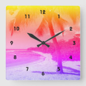 Horloge Carrée Palm Tree Plage Tropicale Orange rose violet ombre (Recto)