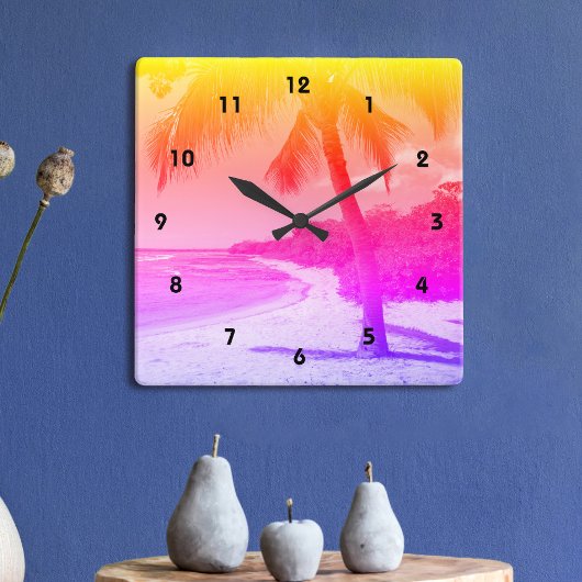 Horloge Carrée Palm Tree Plage Tropicale Orange rose violet ombre