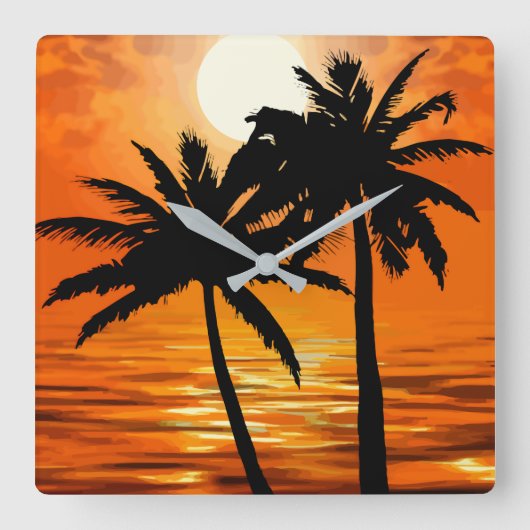 Horloge Carrée Palm Tree Sunset Tropical Murs Horaires (Recto)