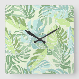 Horloge Carrée Palmettes tropicales en pastel