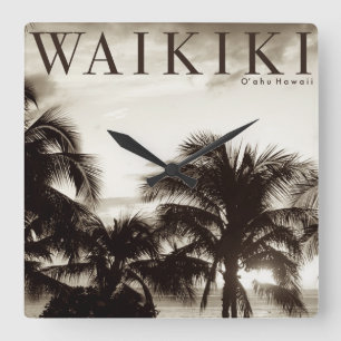 Horloge Carrée Palmier hawaïen Vintage de Waikiki