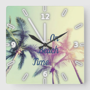 Horloge Carrée Palmier, Plage Tropicale, Été