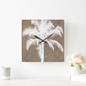 Horloge Carrée Palmier Tropical Hawaiien Rétro Silhouette Blanc (Maison)